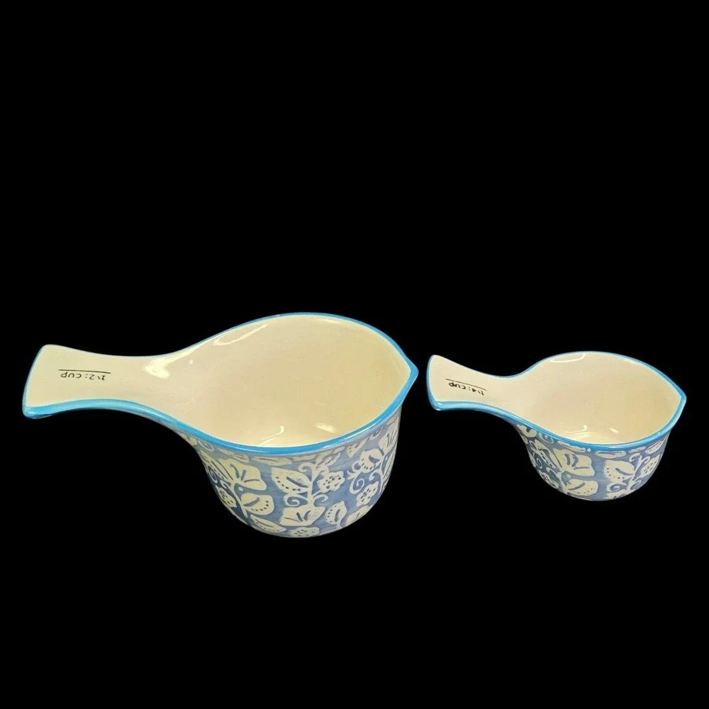 Sparrow and Wren Ceramic Measuring Cups Set 4 Blue Floral Leaf Kitchen Cooking